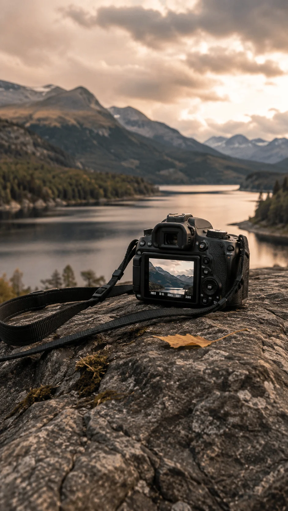 Camera resting on a rock overlooking a mountain lake at sunset with its display showing the landscape