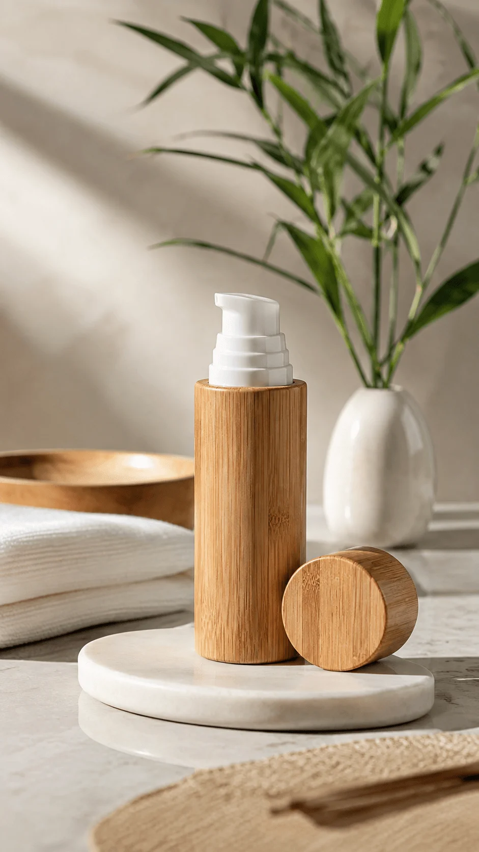 Bamboo airless cosmetic pump bottle with matching bamboo cap displayed on a natural minimalist skincare setting