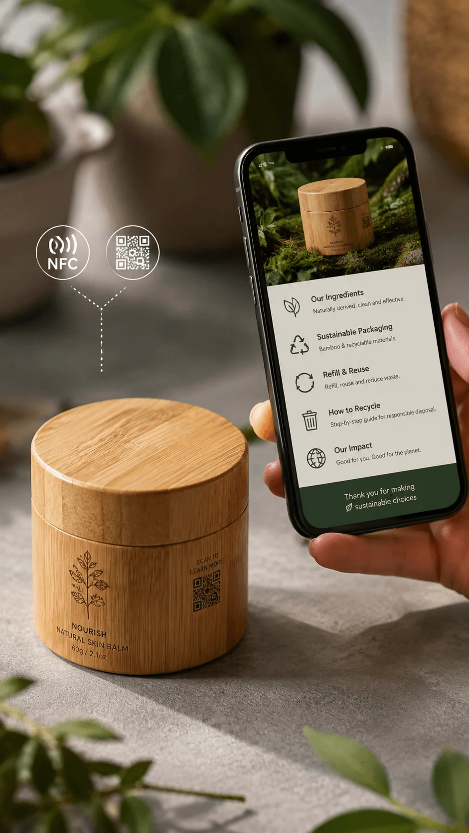 Bamboo cosmetic packaging with QR code and NFC features connected to sustainability information on a smartphone