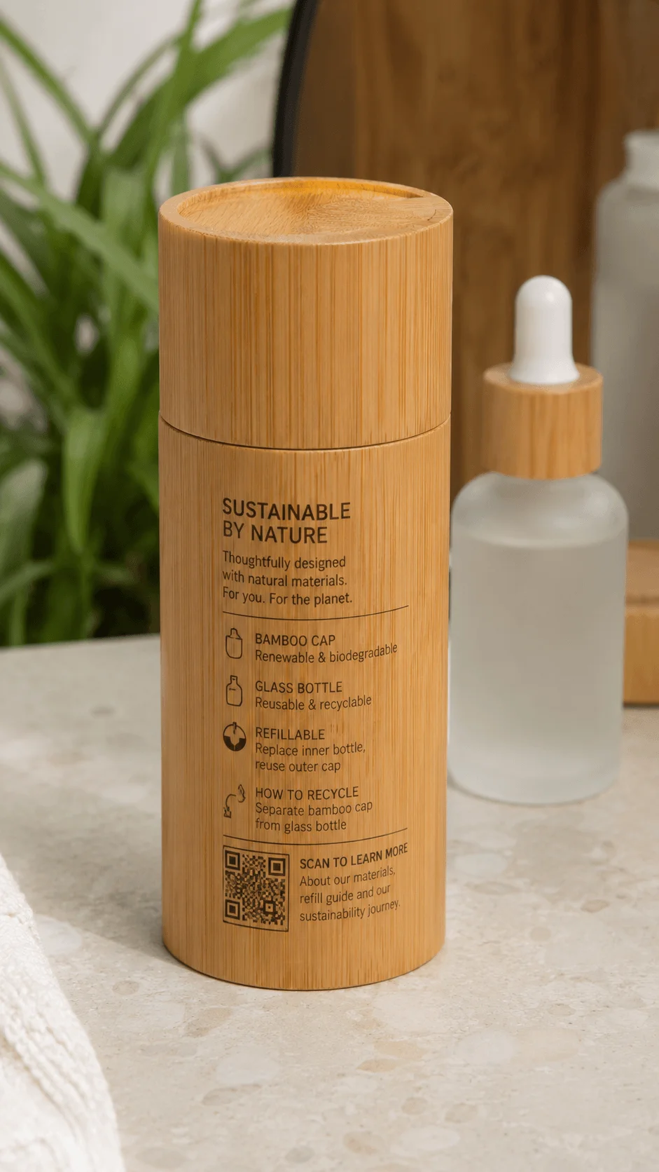 Bamboo cosmetic packaging with transparent sustainability information QR code refill guidance and recyclable glass bottle details