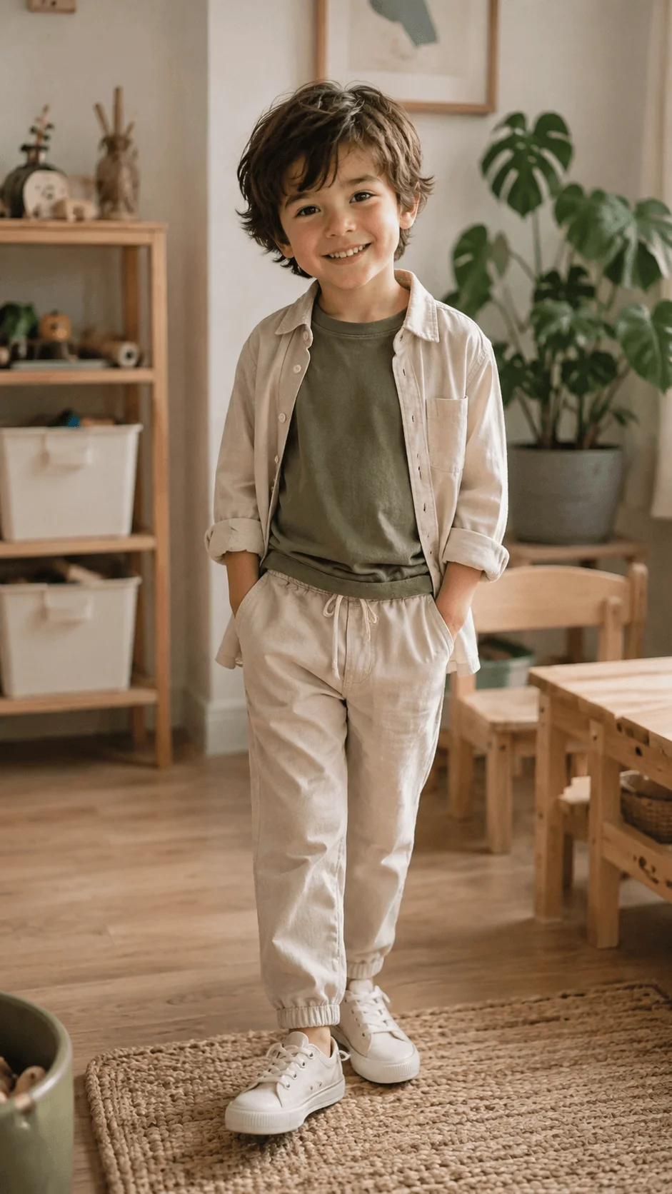Child wearing a bamboo everyday play outfit with an olive green shirt cream overshirt beige jogger pants and white sneakers indoors