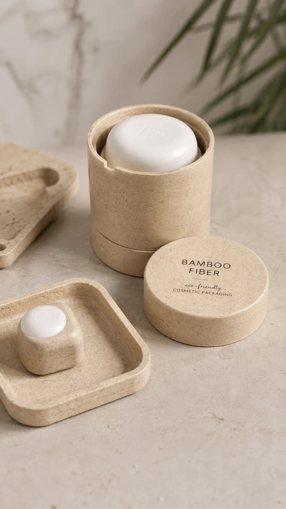 Bamboo fiber cosmetic packaging with molded container lid tray and solid skincare bar in a natural minimalist setting
