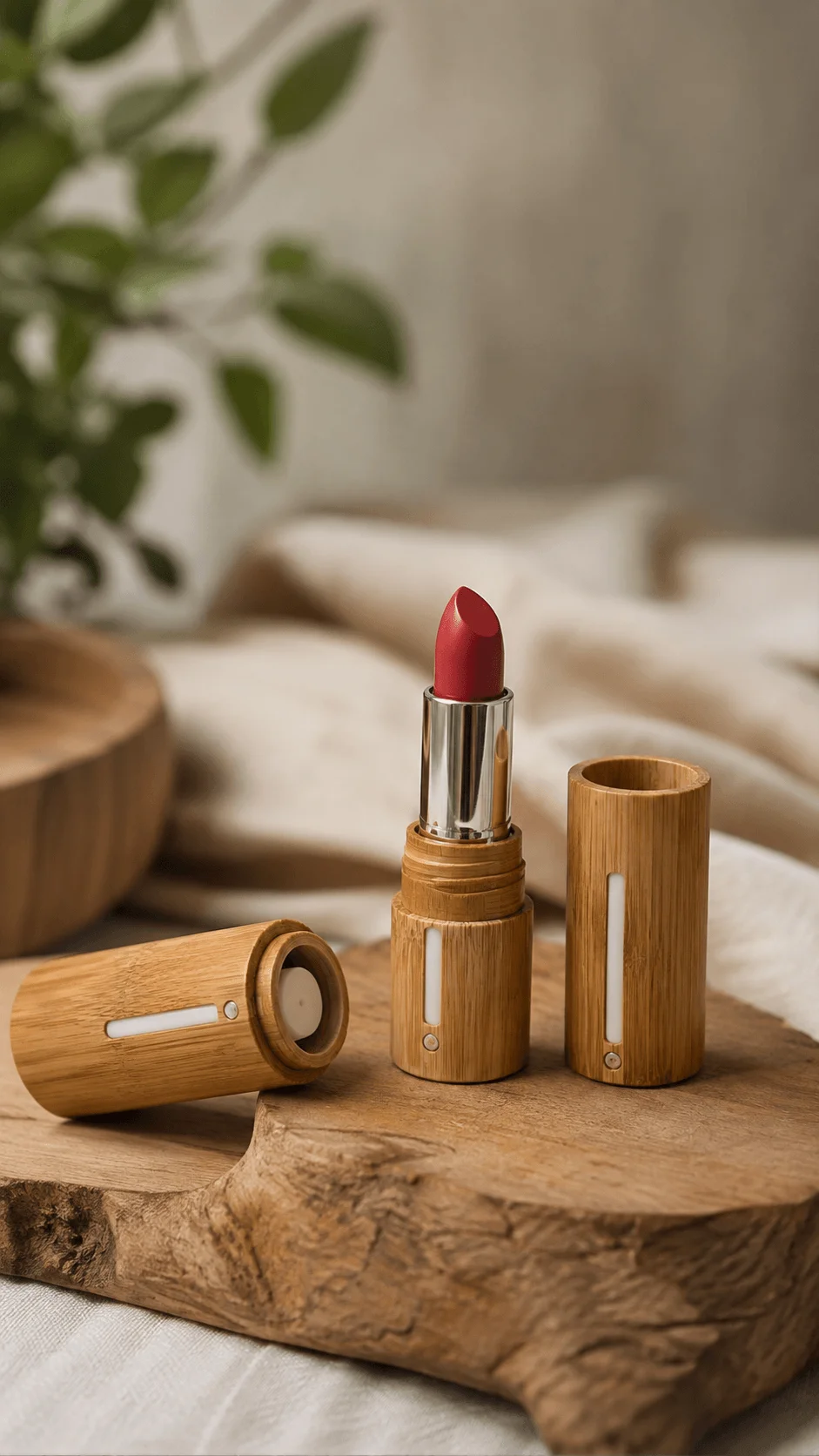 Bamboo lipstick and lip balm packaging with red lipstick and reusable bamboo cases displayed on a natural wooden surface