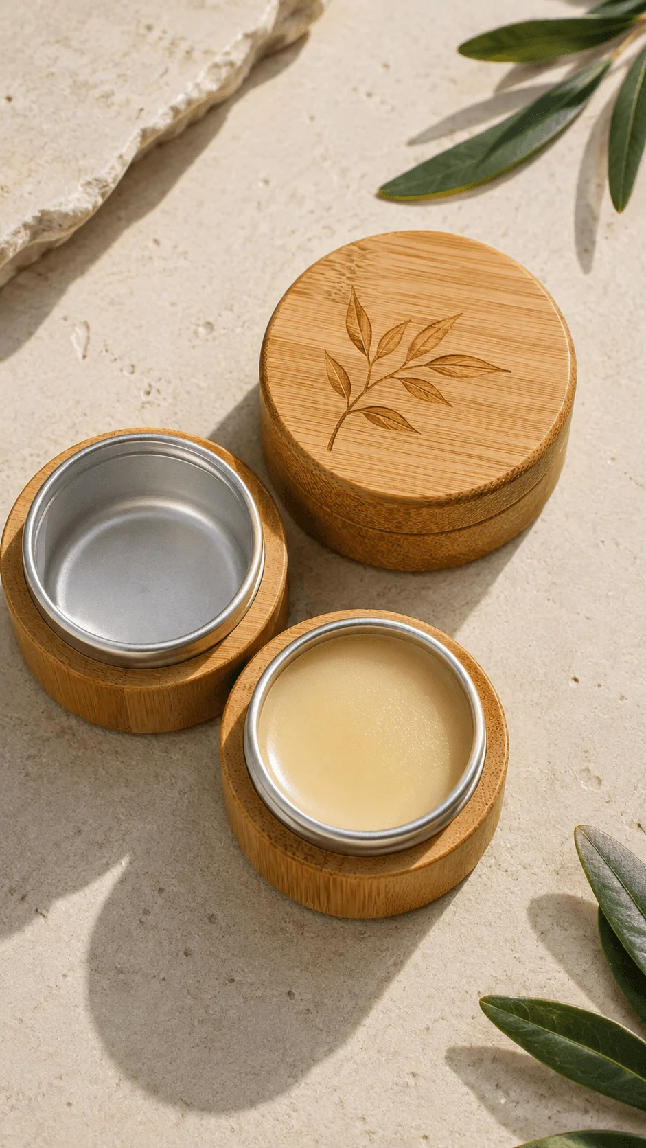 Bamboo cosmetic packaging with recyclable aluminum inserts for balm and cream displayed with natural leaves