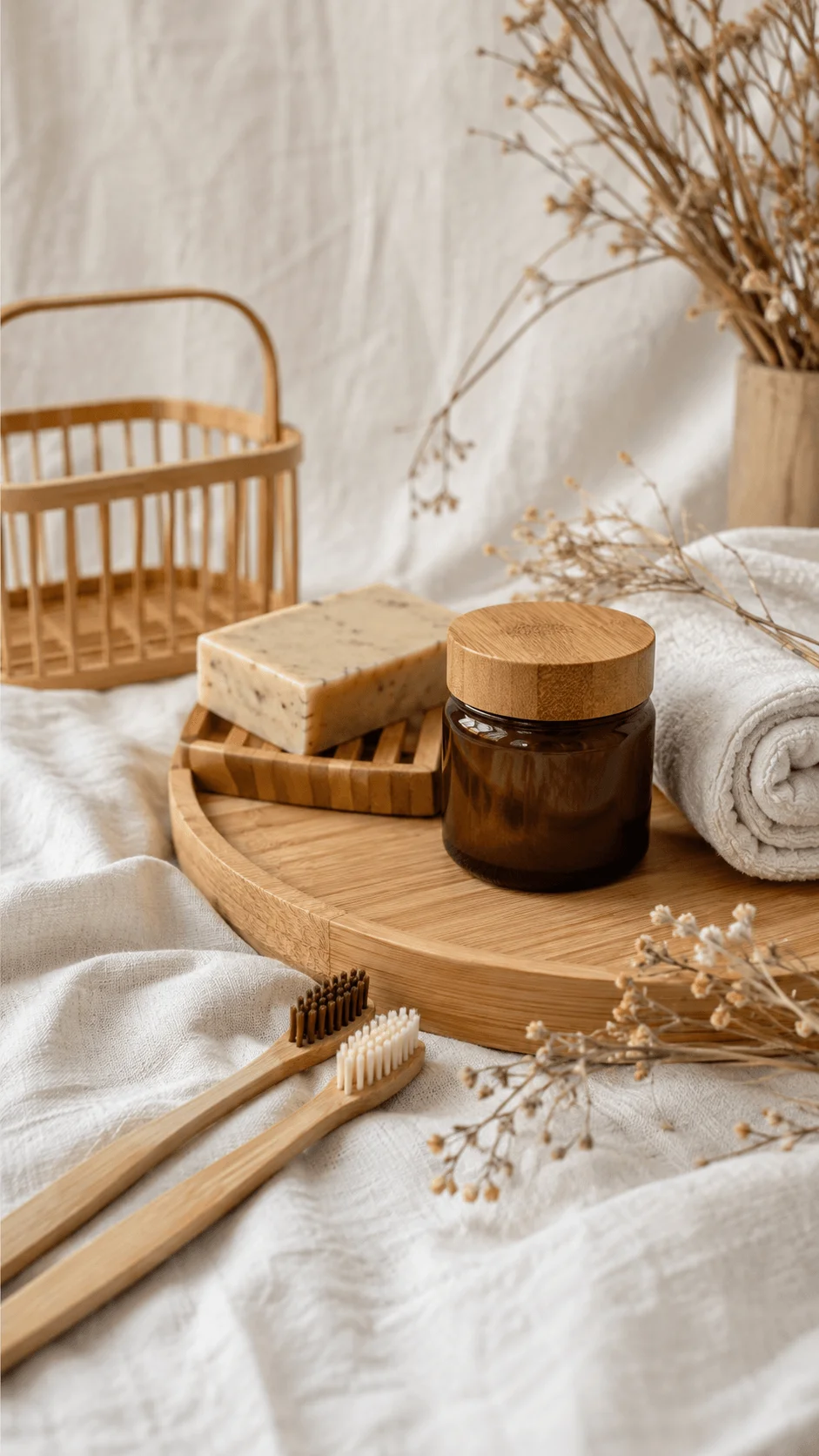 Bamboo photography accessories with natural soap jar toothbrushes woven basket dried flowers and wooden trays arranged on a soft fabric background for sustainable styling