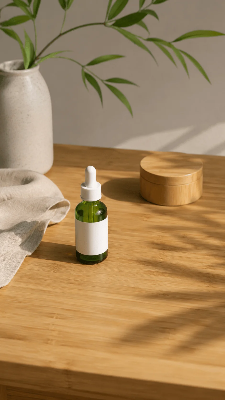 Bamboo surface with a green glass dropper bottle, wooden container, ceramic vase, natural fabric, and leafy branch in warm natural light