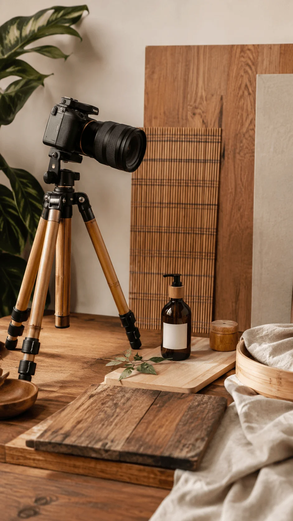Bamboo and wooden sustainable photography equipment with a camera on a wooden tripod surrounded by natural materials and reusable accessories.