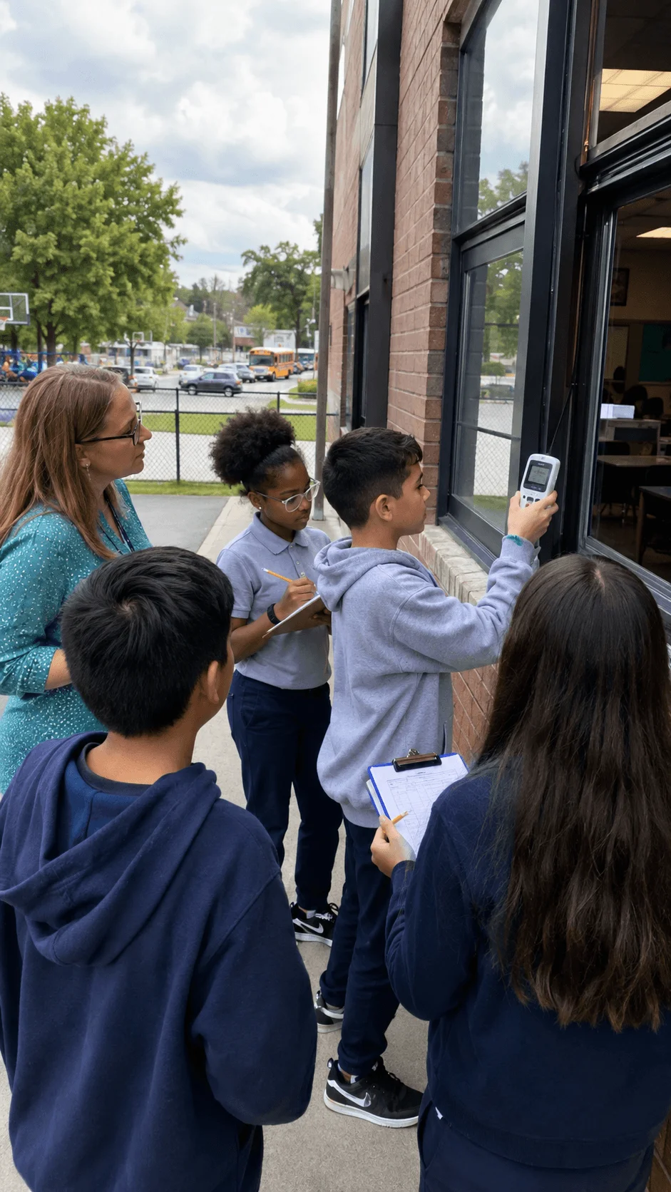 Students measuring air quality outside a school building with a handheld monitor while recording environmental observations on clipboards