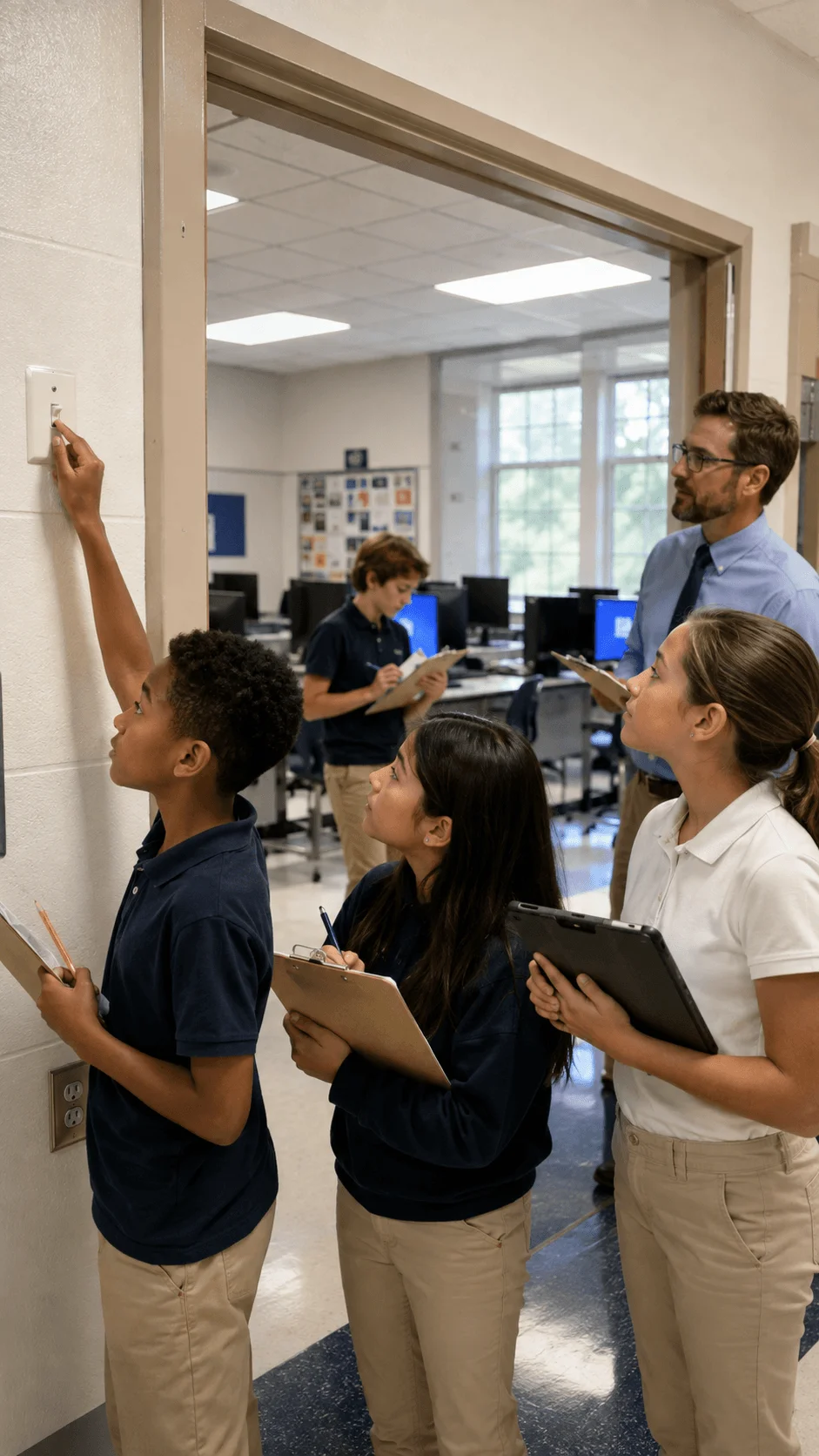 Students acting as school energy detectives by checking light switches and recording electricity use observations in a classroom hallway