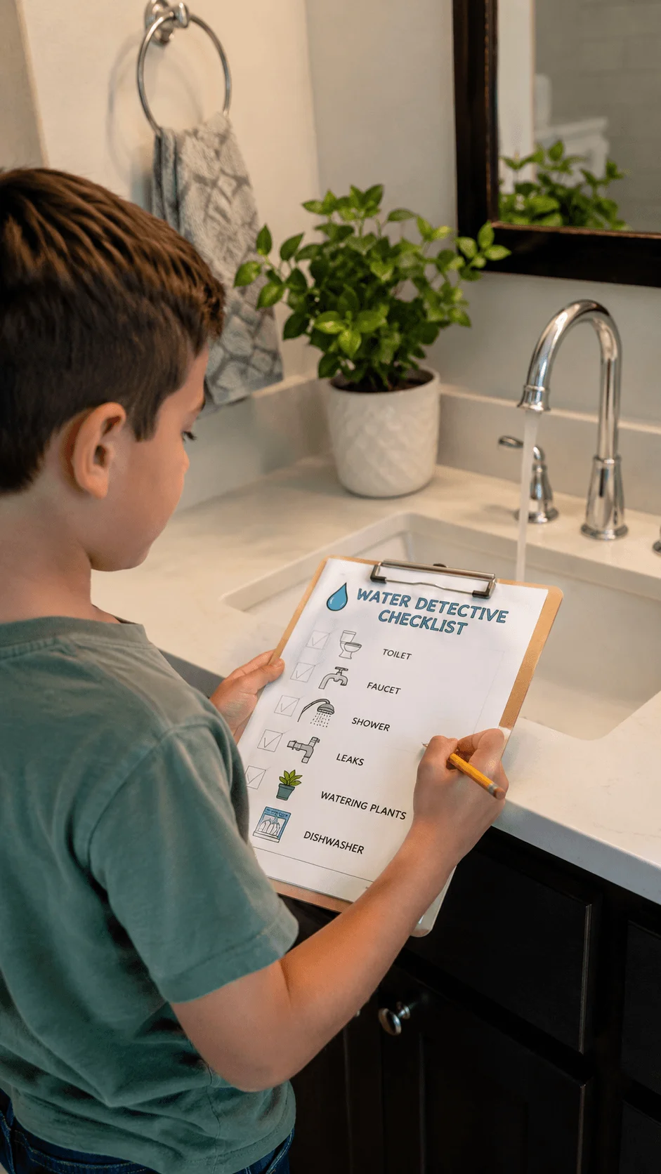 Child checking for household water waste while completing a water detective checklist at a bathroom sink with the faucet running