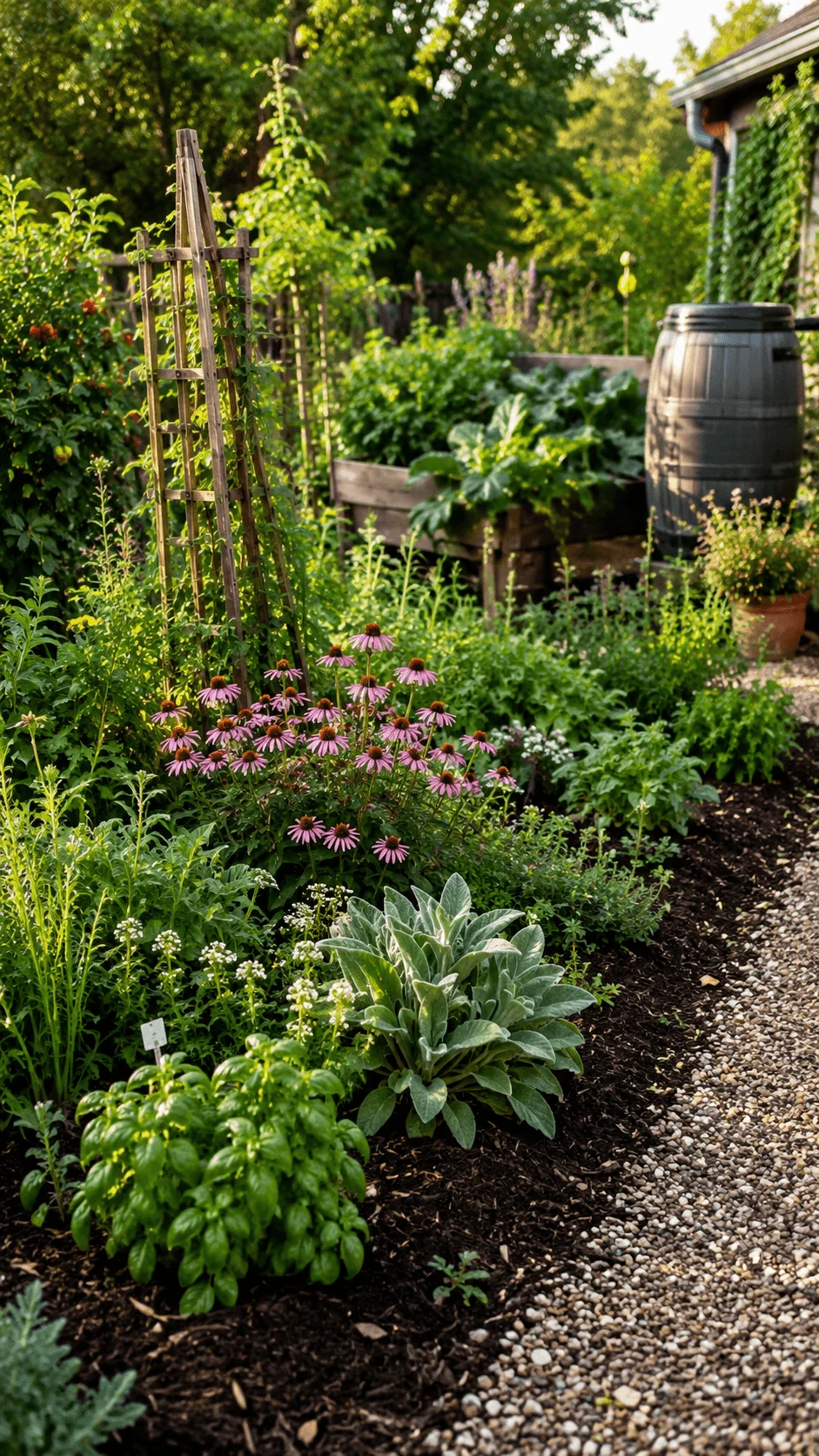 Sustainable garden with herbs, native flowers, raised vegetable beds, climbing plants, rain barrel, and gravel pathway