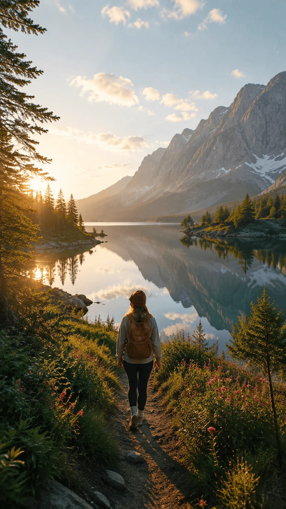 Eco photography location featuring a person hiking beside a peaceful mountain lake with forest trees wildflowers and golden sunlight