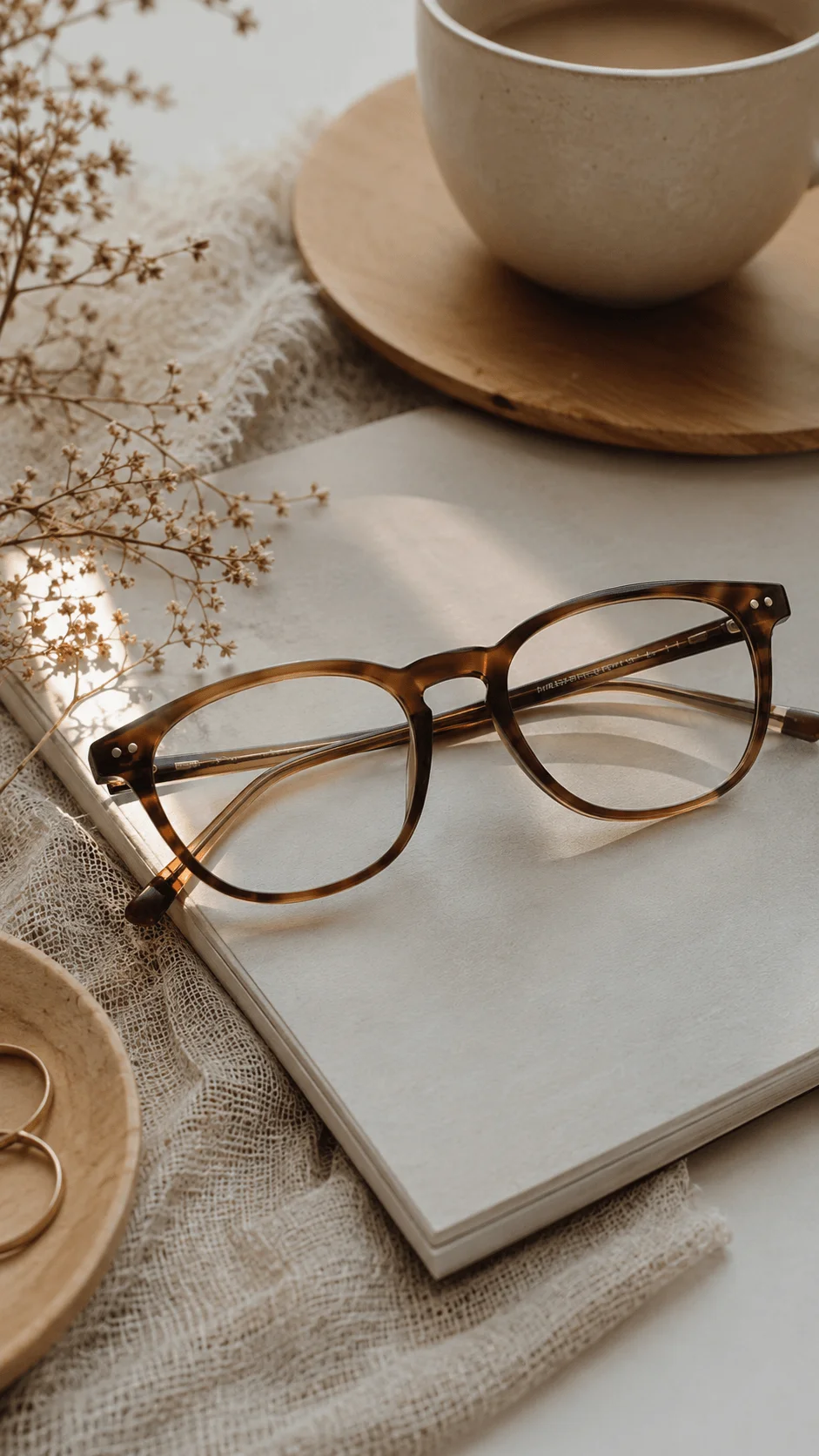 Bio acetate glasses with a soft luxury aesthetic on a neutral notebook beside a ceramic cup and dried flowers