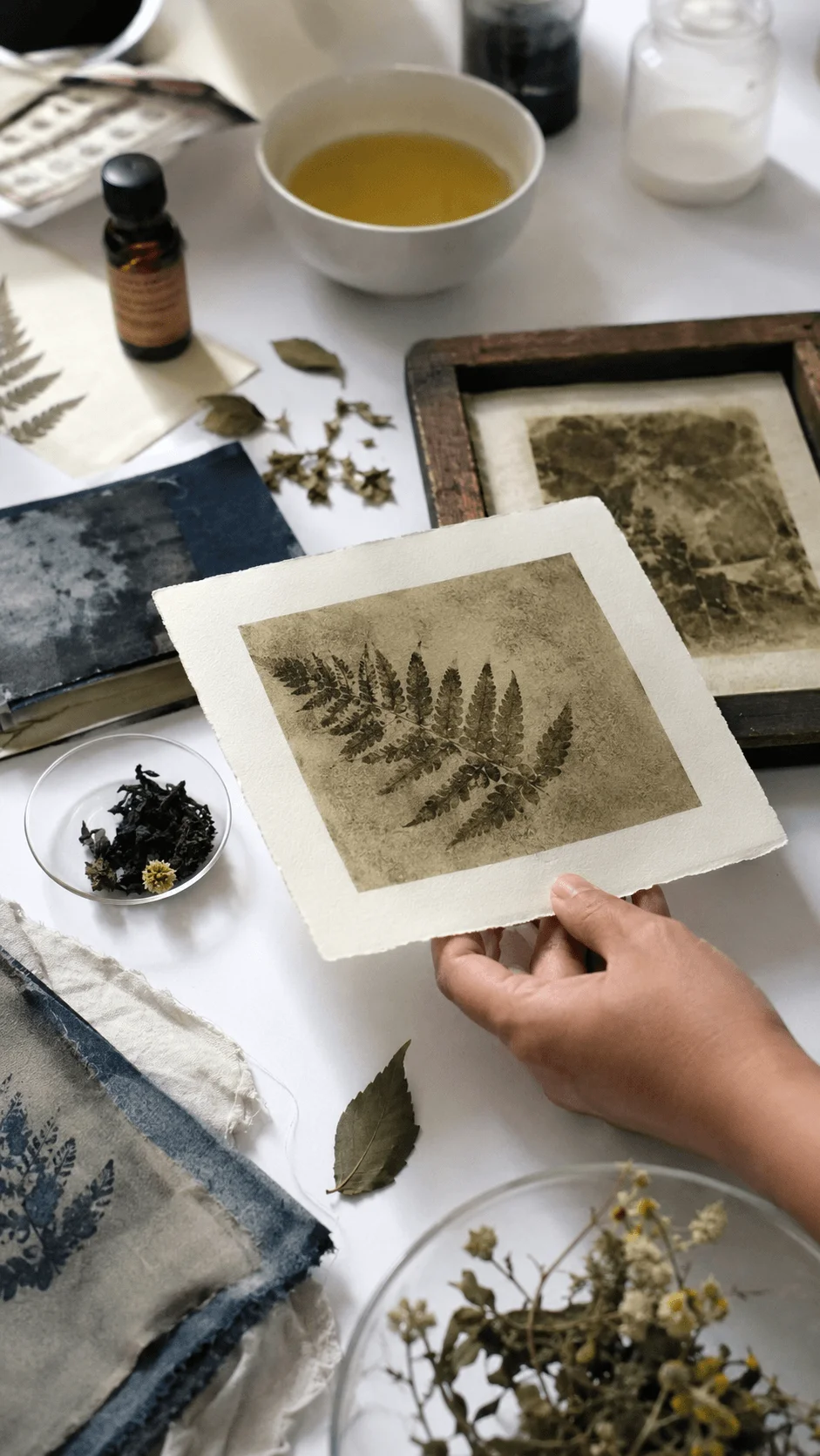 Bio based photographic process using botanical materials, handmade prints, dried leaves and natural photographic chemicals on a white workspace