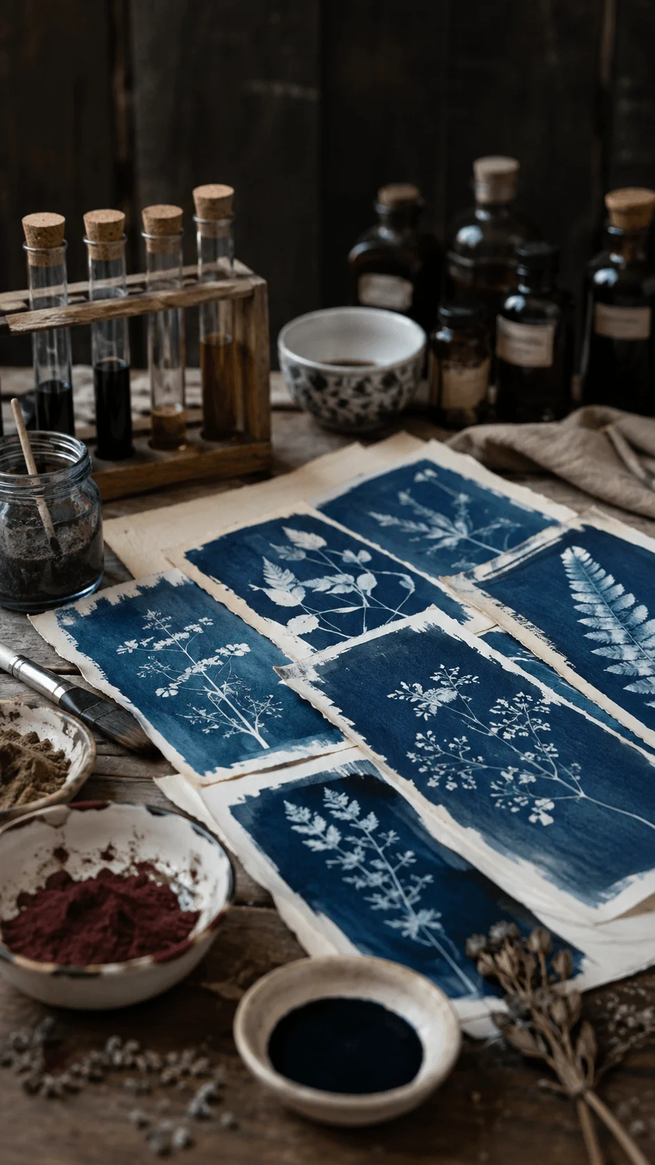 Cyanotype botanical prints with pressed plant silhouettes, natural pigments, brushes, and glass bottles arranged on a rustic wooden table