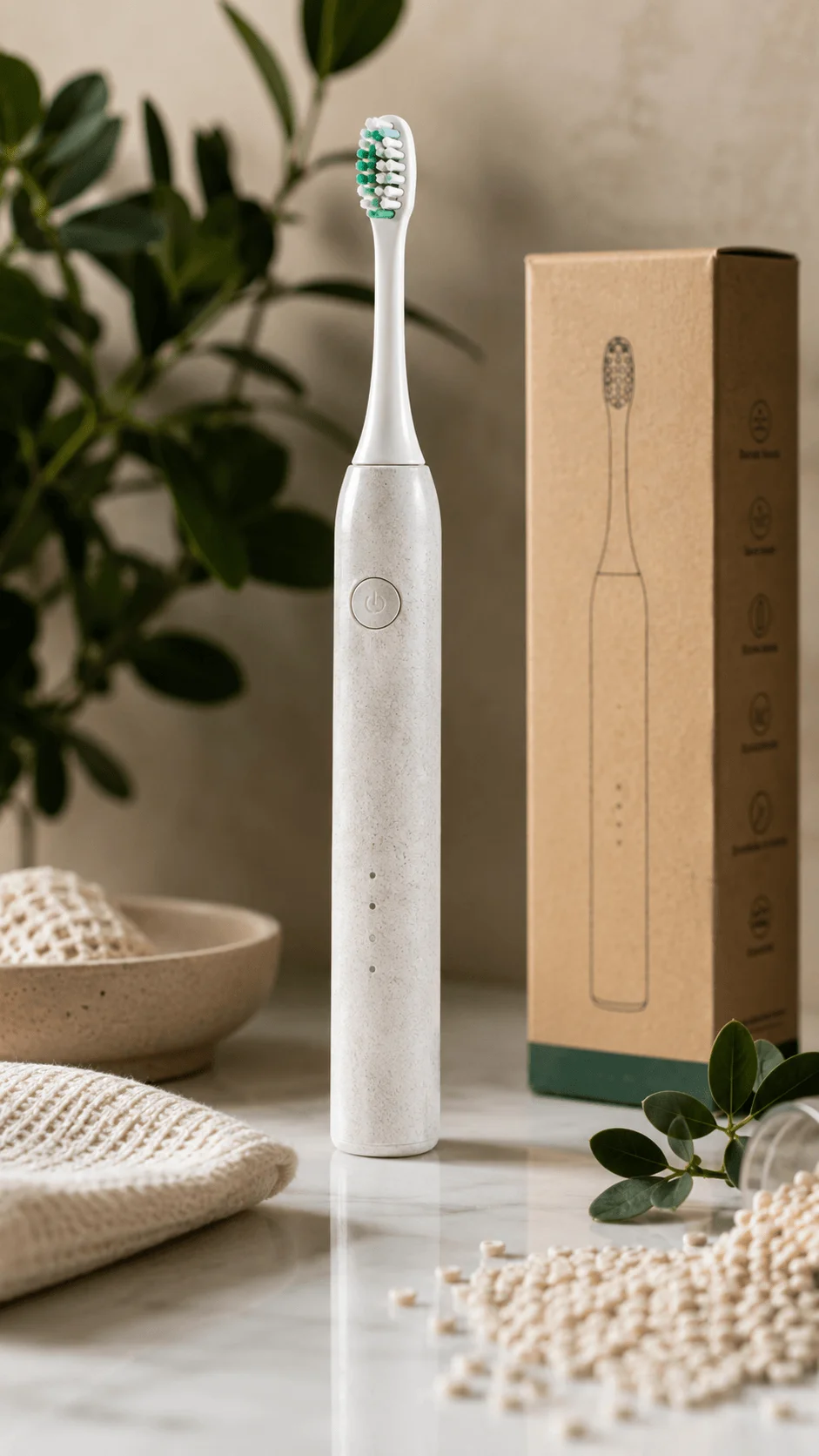 Bio based electric toothbrush made with recycled materials beside recyclable cardboard packaging and natural bathroom accessories