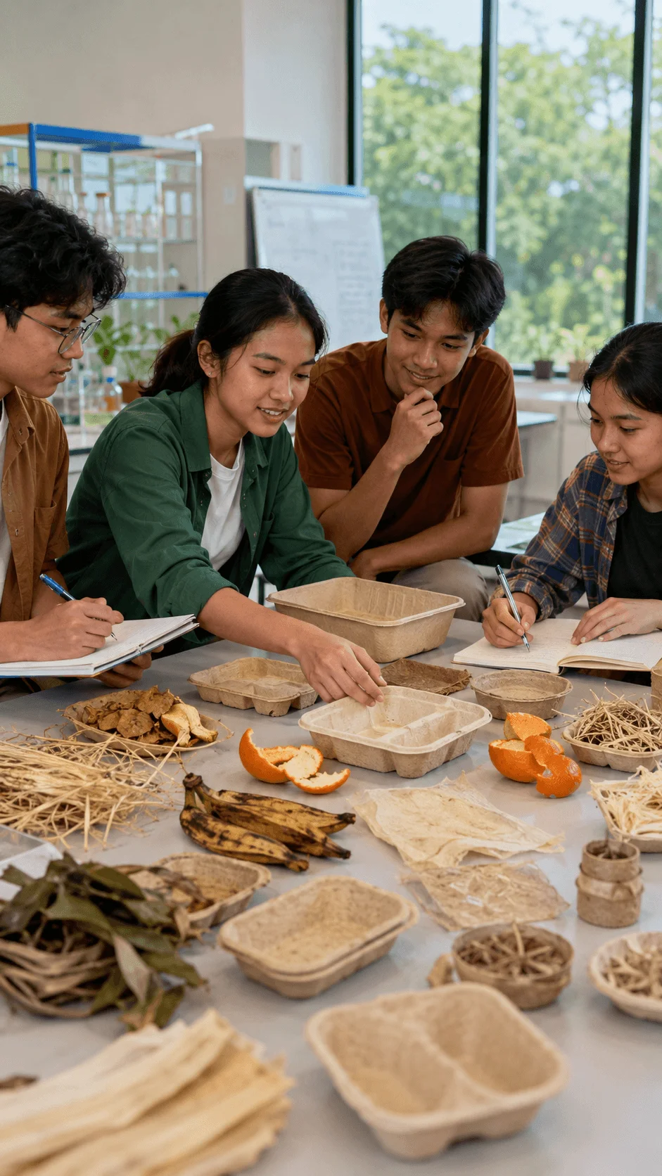 Students exploring biodegradable packaging made from food and agricultural waste using natural materials and organic scraps