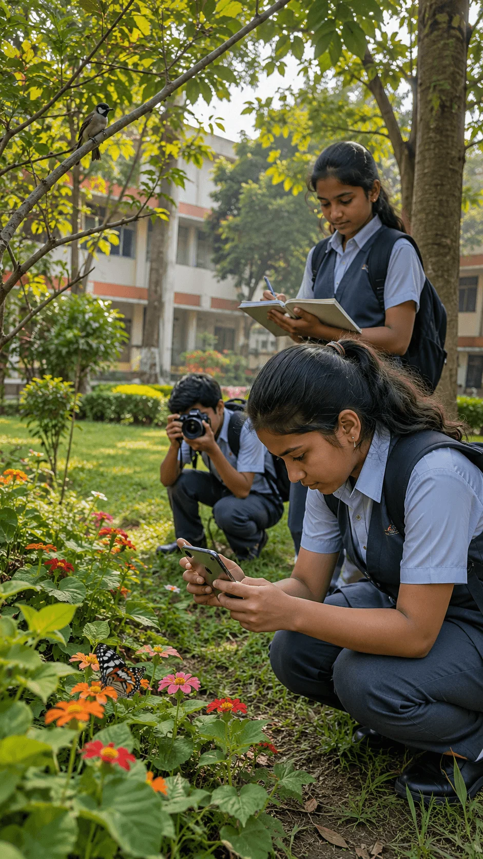 Students documenting biodiversity around school campus with cameras and notebooks while observing plants birds and insects in a garden area
