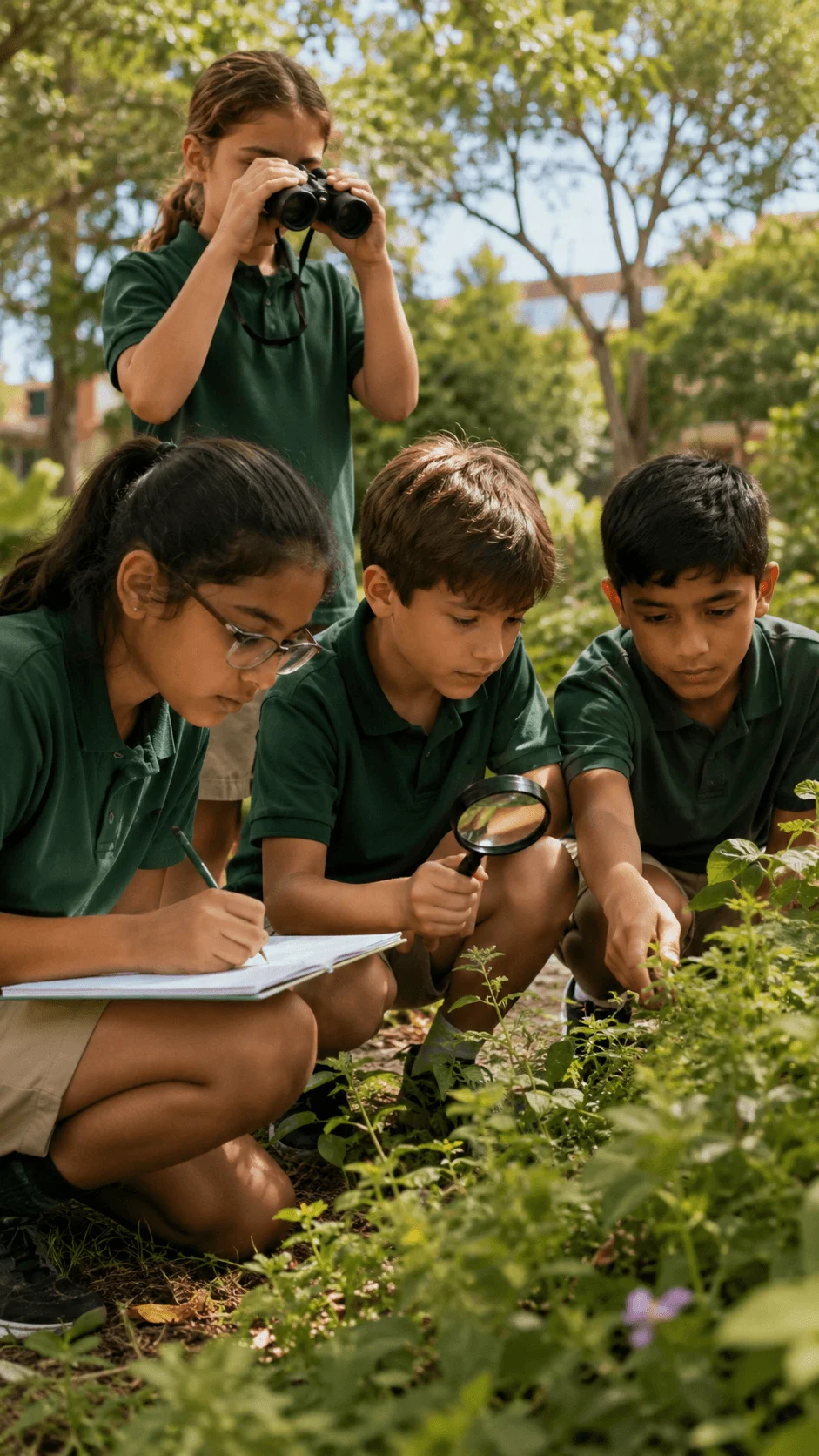 Students observing plants and biodiversity during a citizen science walk using binoculars a magnifying glass and notebooks
