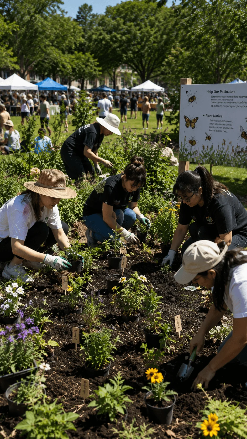 Biodiversity festival volunteers planting native flowers and creating a pollinator garden to support local wildlife