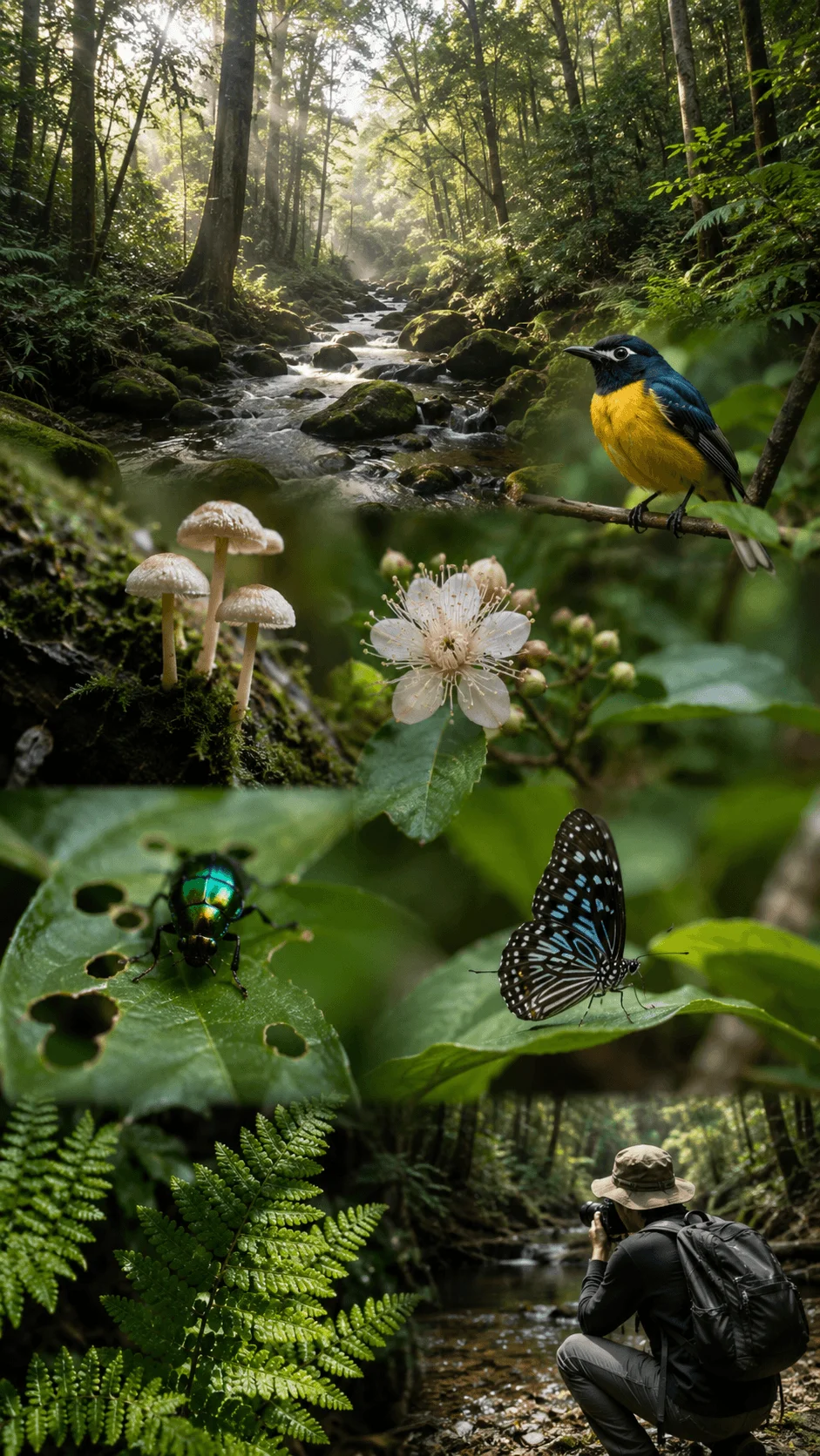 Biodiversity photography scene featuring a forest stream, colorful bird, mushrooms, flower, beetle, butterfly, ferns, and a photographer capturing wildlife in nature