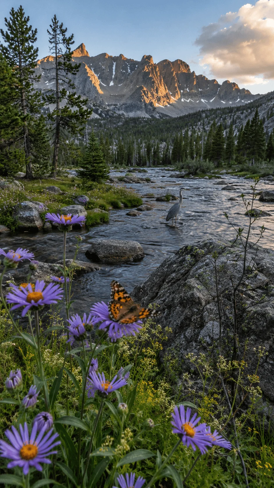 Butterfly resting on purple wildflowers beside a flowing mountain river with a heron evergreen forest and rugged peaks