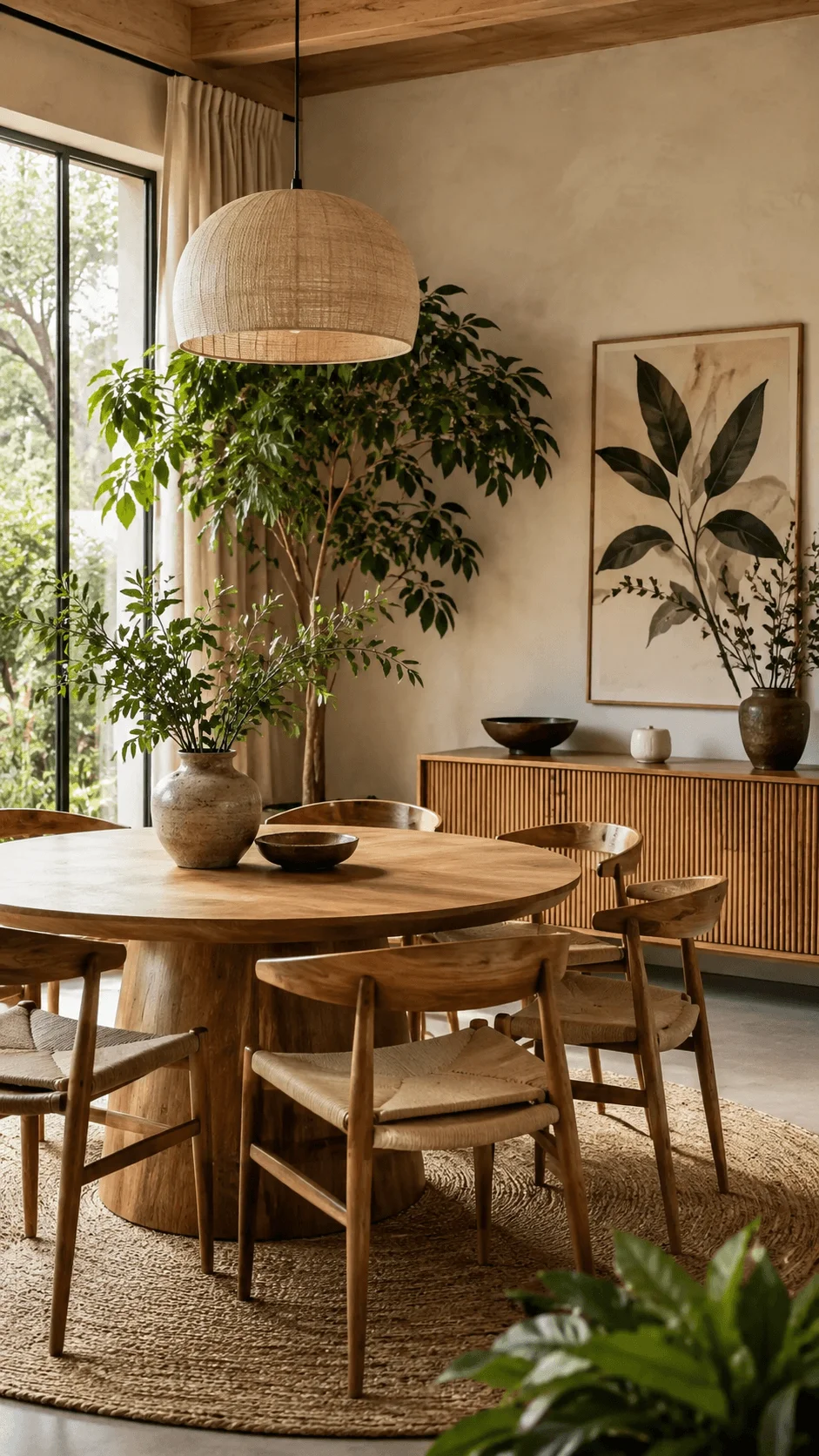 Biophilic dining room with round wooden table natural woven chairs indoor trees botanical wall art and soft natural light