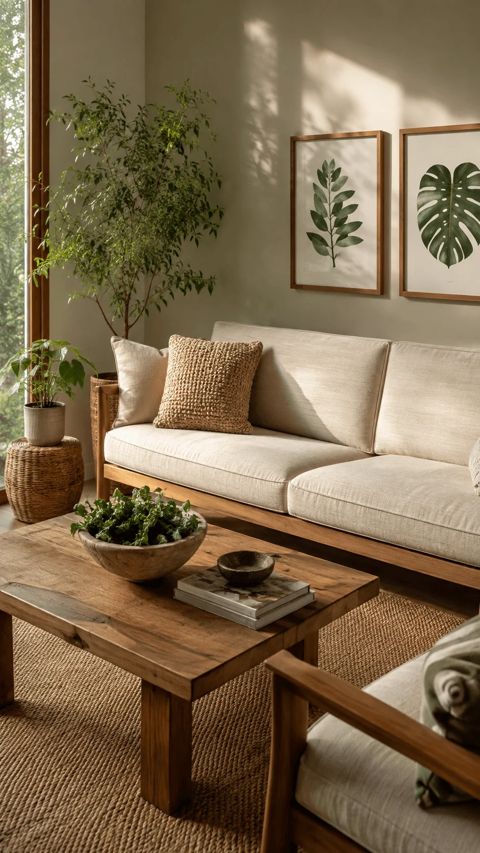 Biophilic eco friendly living room with natural wood furniture, woven textures, indoor plants, botanical wall art and warm sunlight