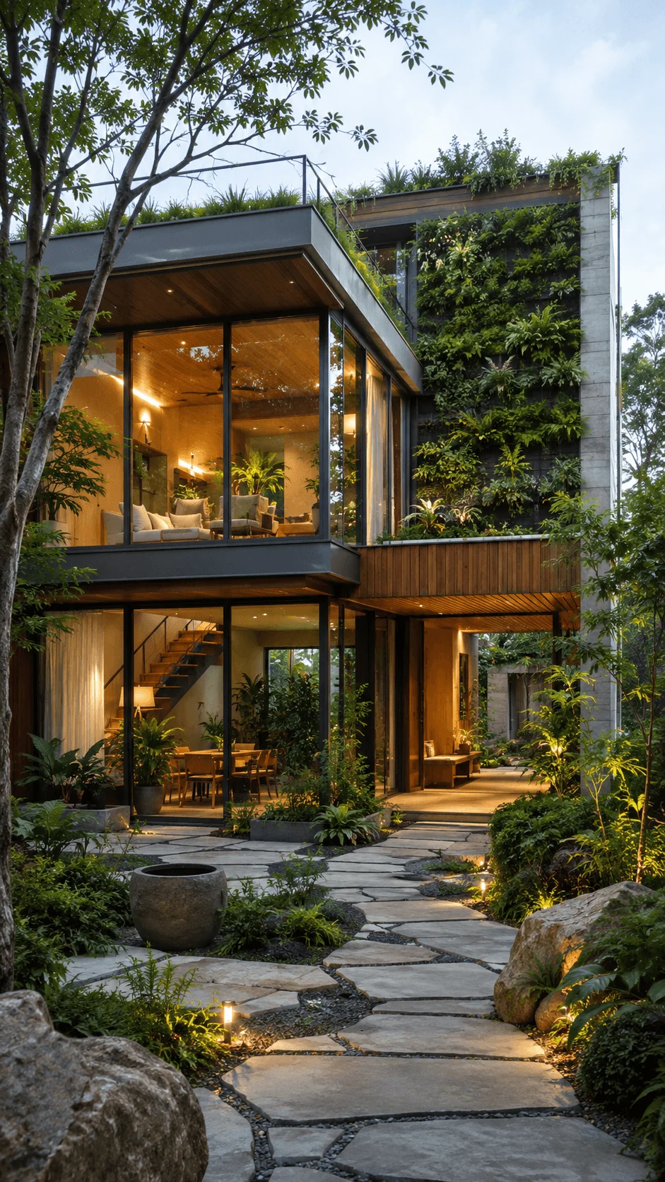 Biophilic house design with green walls natural materials large windows and lush landscaping integrated into the modern home