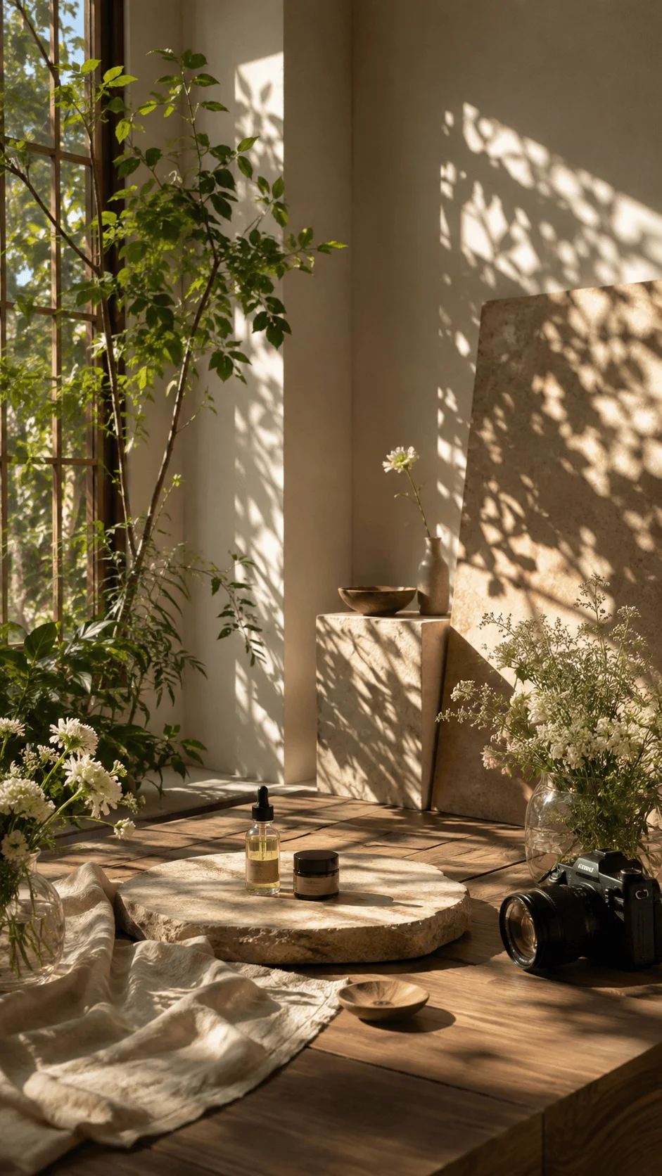 Biophilic lighting setup with natural sunlight creating plant shadows on walls wooden table flowers camera and sustainable indoor styling