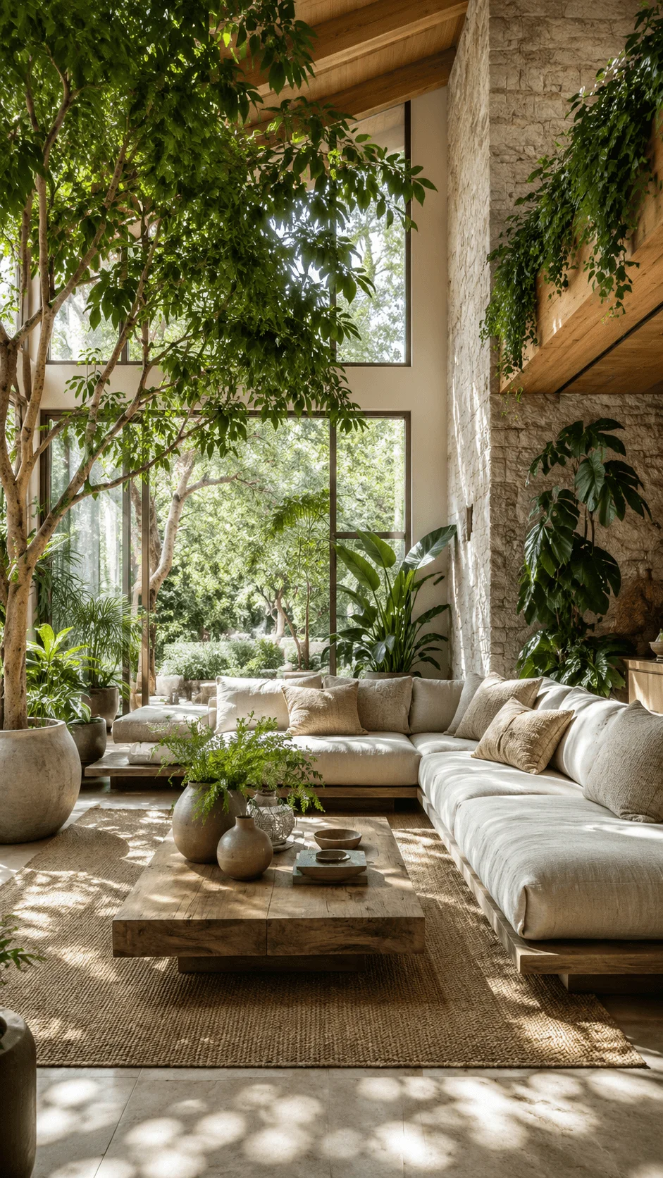 Biophilic living room with indoor trees natural plants wooden furniture large windows and sunlight creating a peaceful sustainable home atmosphere