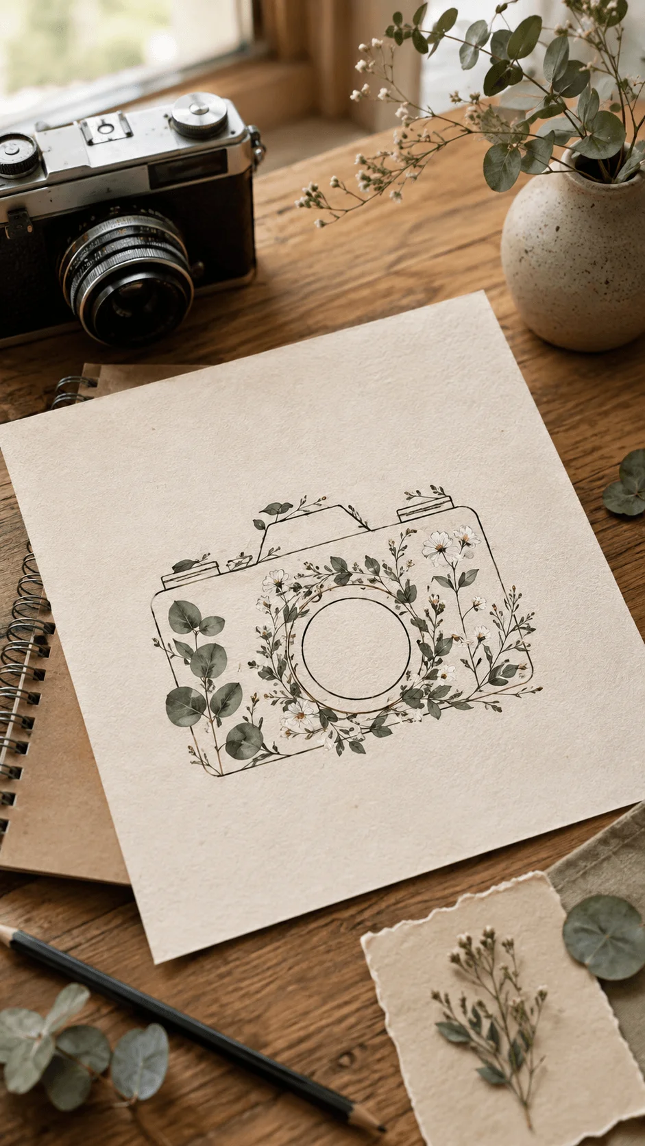 Botanical camera logo sketch with floral elements on textured paper beside a vintage camera, leaves, and natural materials on a wooden desk