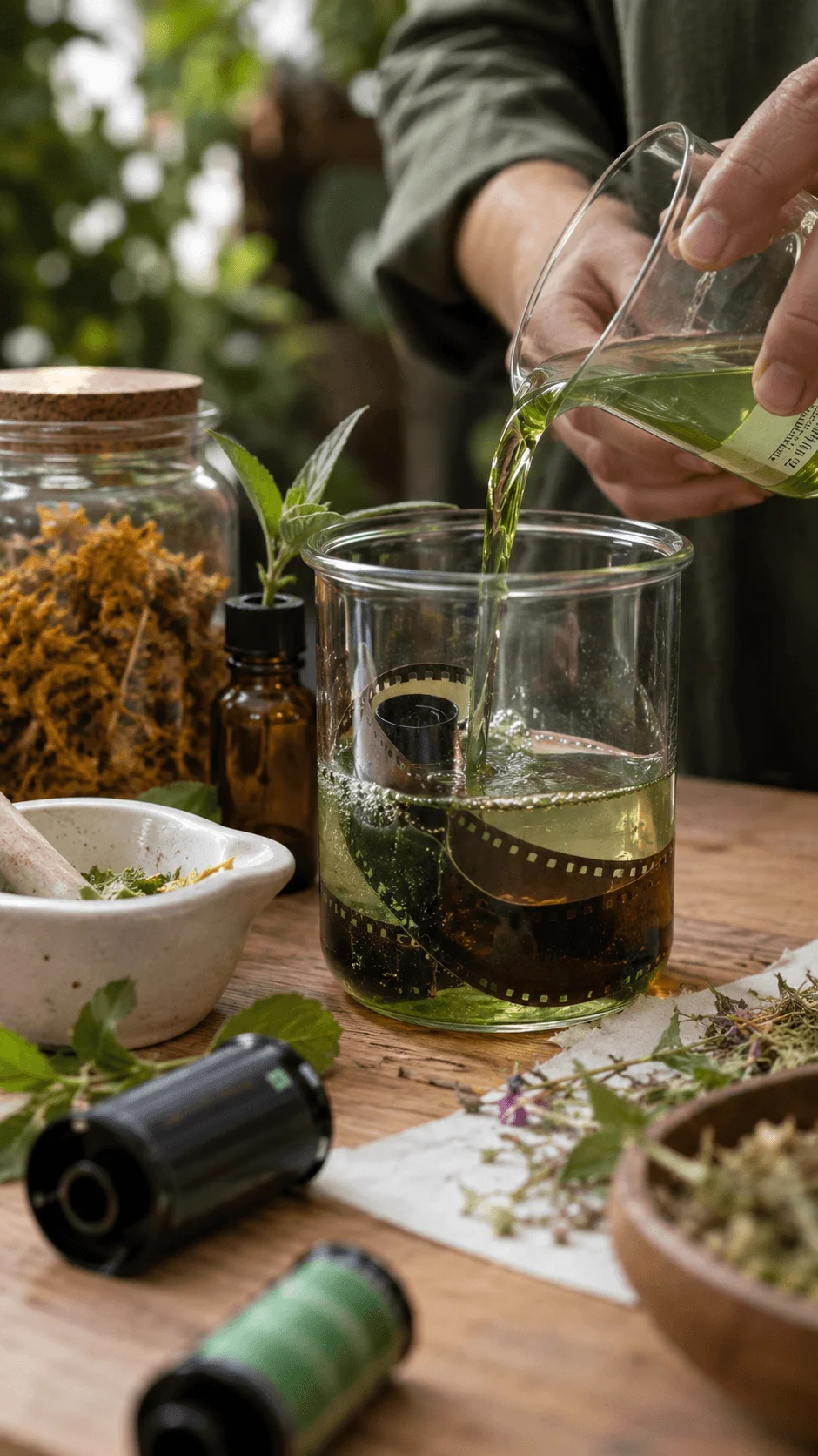 Botanical film developer being prepared with green leaves, herbs, film strips and photographic film rolls on a wooden table