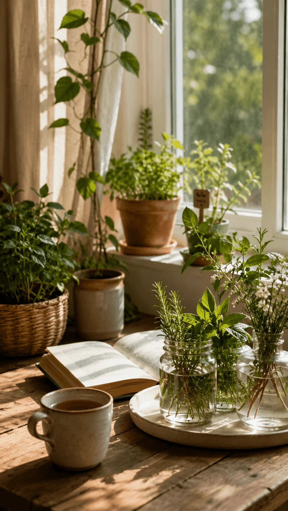 Botanical home summer scene with potted green plants, fresh herbs in glass jars, an open book, and a ceramic cup on a sunlit wooden table.