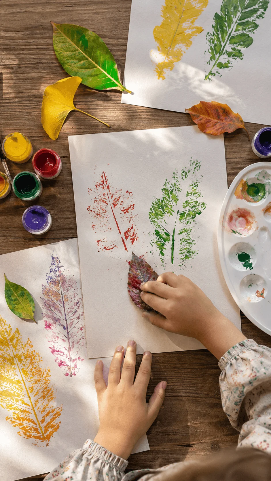 Botanical painting ideas for kids using real leaves to create colorful leaf prints on paper