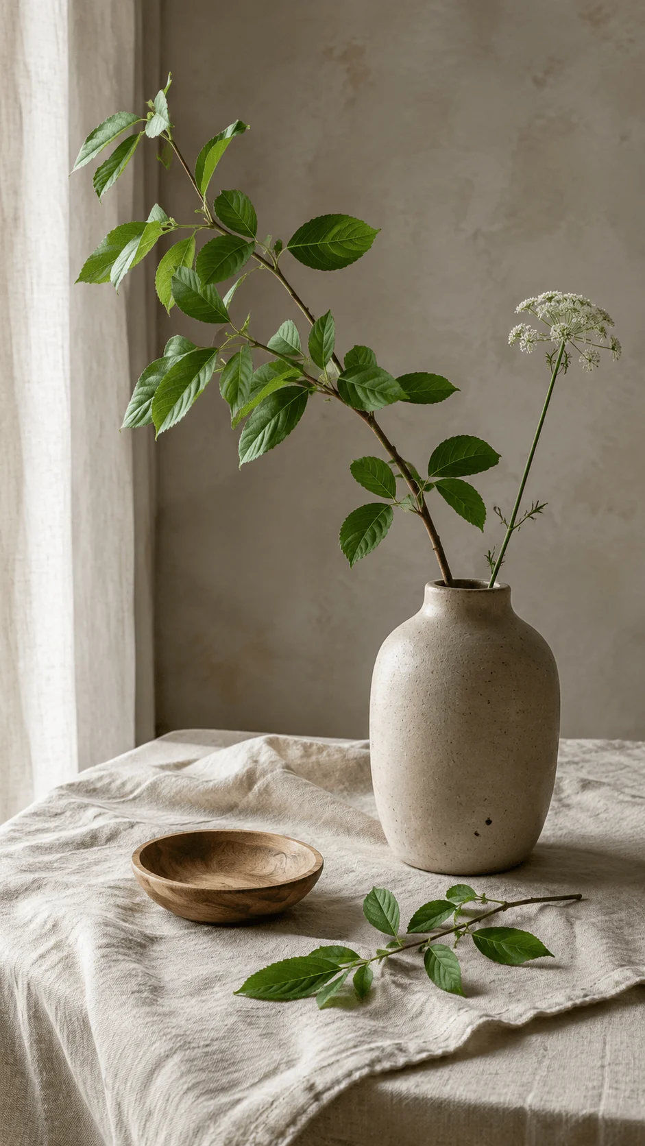Minimalist botanical photography featuring a ceramic vase with fresh green branches, natural linen fabric, wooden bowl and soft window light creating a calm sustainable home aesthetic