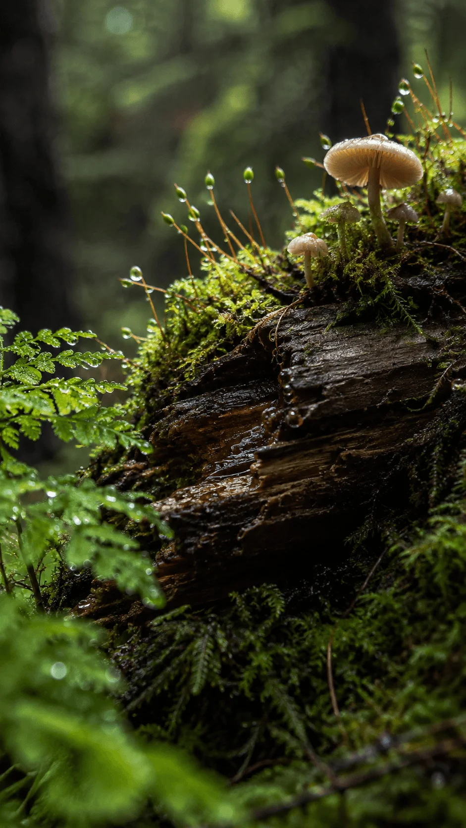 Macro botanical photography of small mushrooms growing on a moss covered fallen log with ferns and water droplets in a lush forest