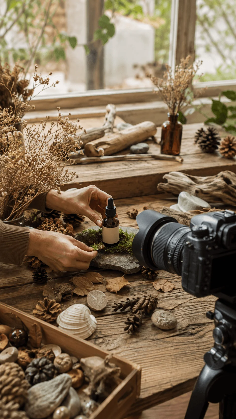 Botanical prop collection with dried flowers, moss, natural stones, pinecones and camera equipment arranged for sustainable nature inspired photography styling