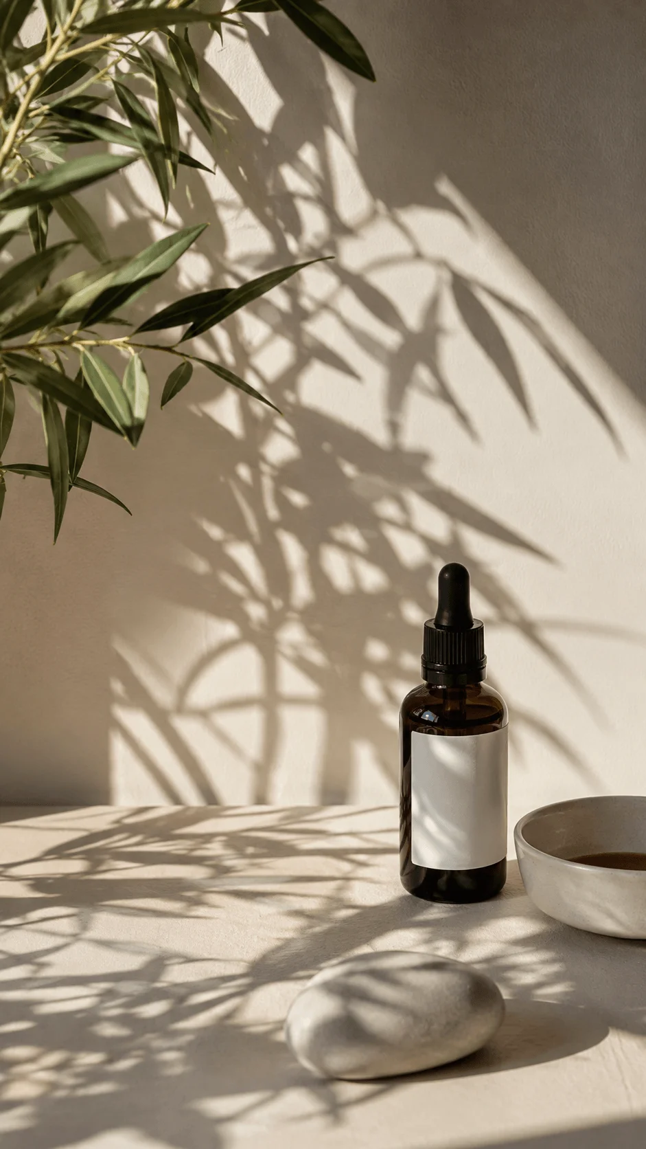 Botanical shadow photography with an amber dropper bottle, ceramic bowl, smooth stone, and leafy branch casting shadows in warm natural light on a minimalist surface
