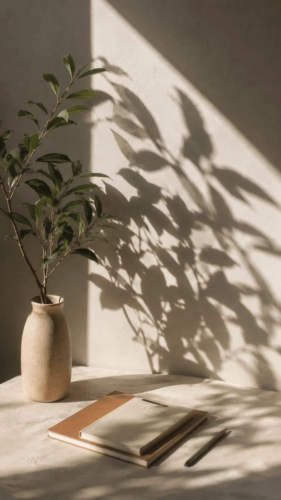 Botanical plant in a ceramic vase casting soft leaf shadows on a sunlit wall beside notebooks and a pencil