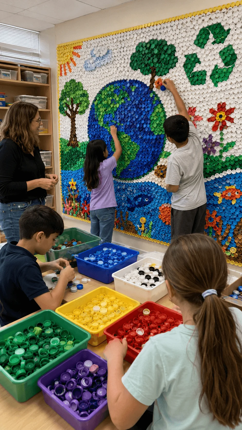 Students creating colorful bottle cap art of Earth trees flowers and recycling symbols during an eco friendly classroom activity