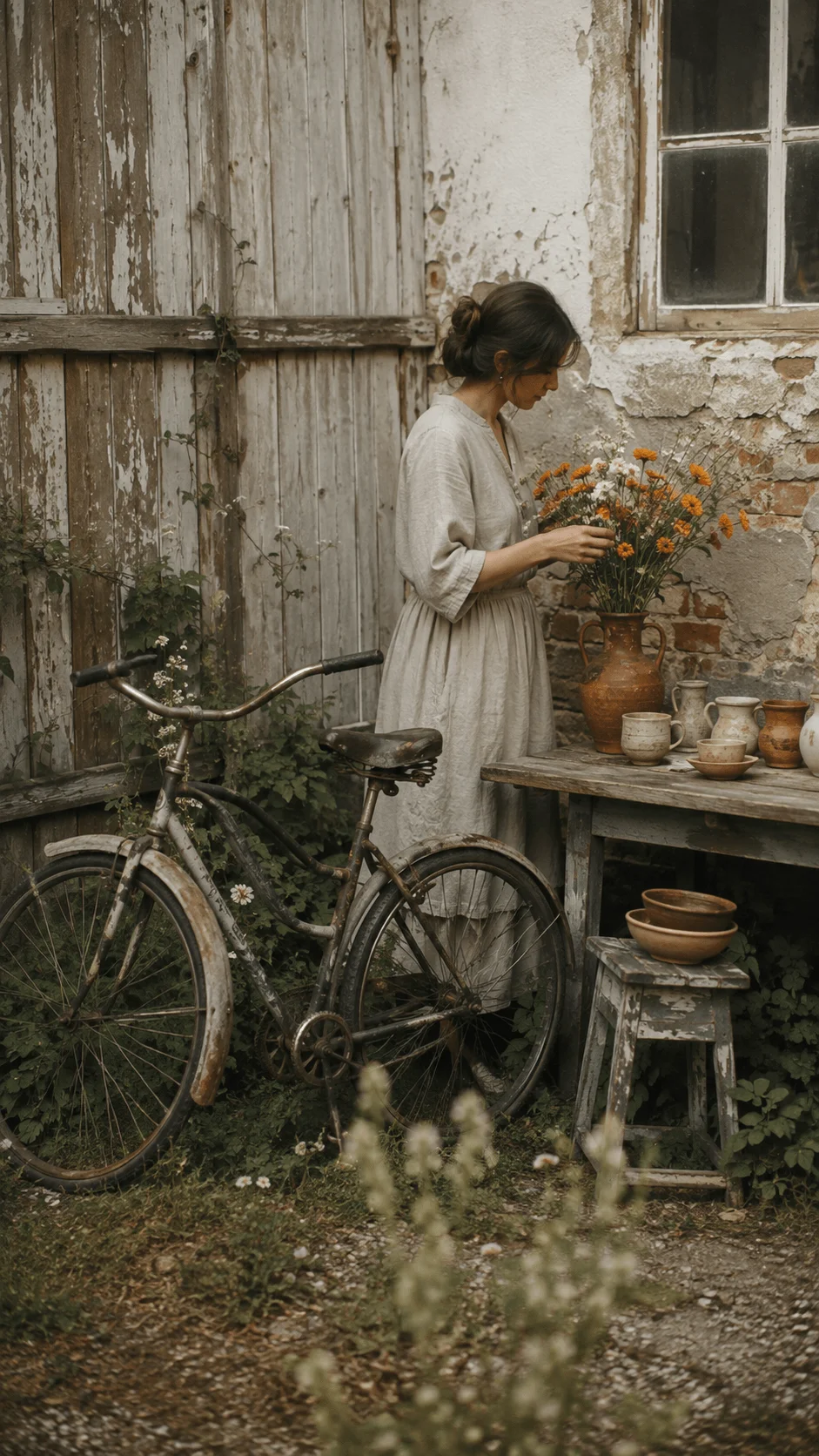 Vintage sustainable photography inspiration featuring a person arranging flowers beside an old bicycle with rustic wooden doors, ceramic pottery and a weathered countryside setting in a nostalgic natural style