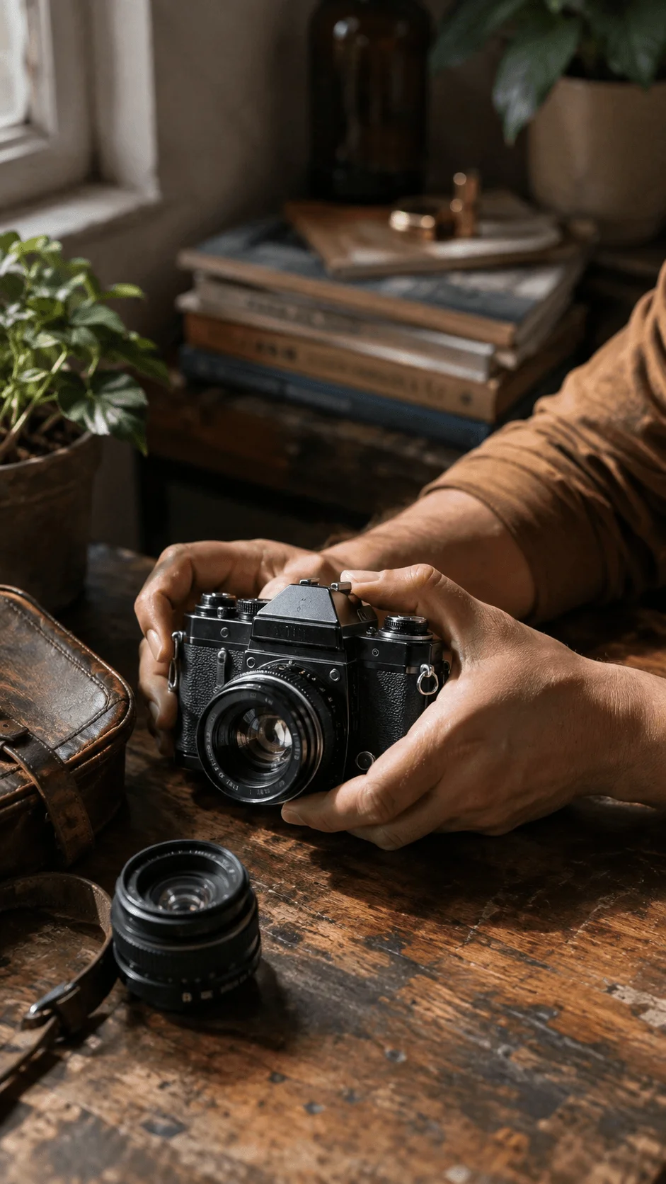 Secondhand vintage camera being held by a photographer on a wooden table with an extra lens, leather camera bag, books, and indoor plants