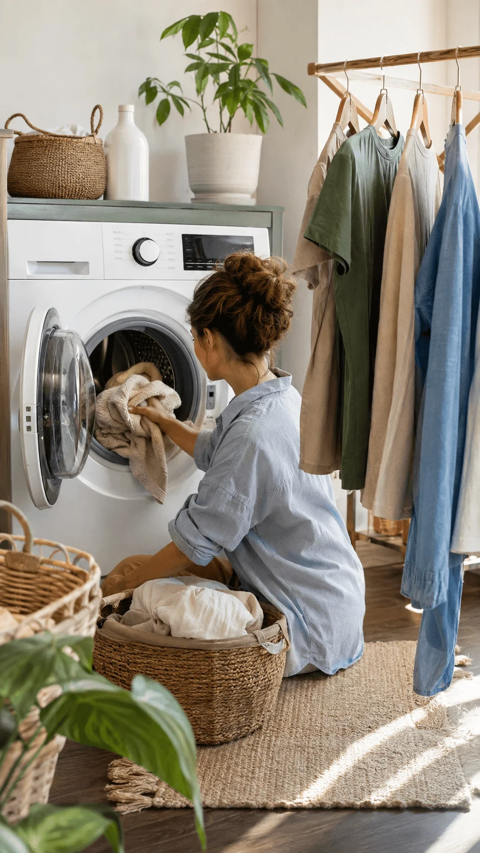 Woman loading clothes into a washing machine while building eco friendly laundry habits