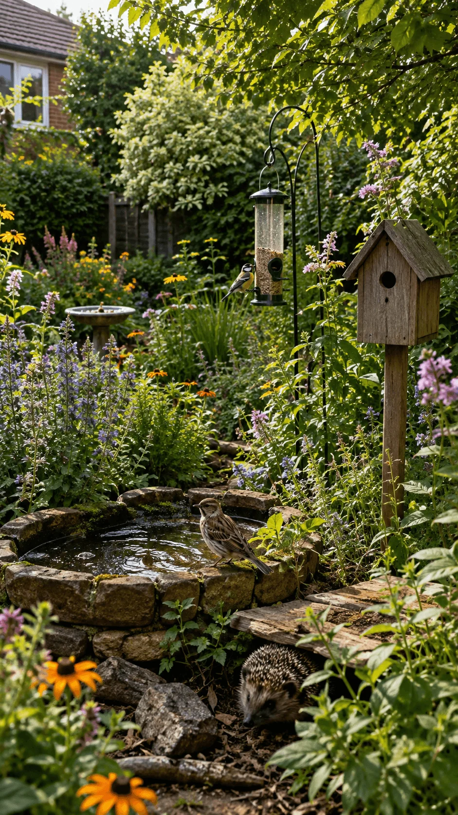 Backyard wildlife habitat with native flowers bird feeder birdhouse stone pond birds hedgehog and dense green planting