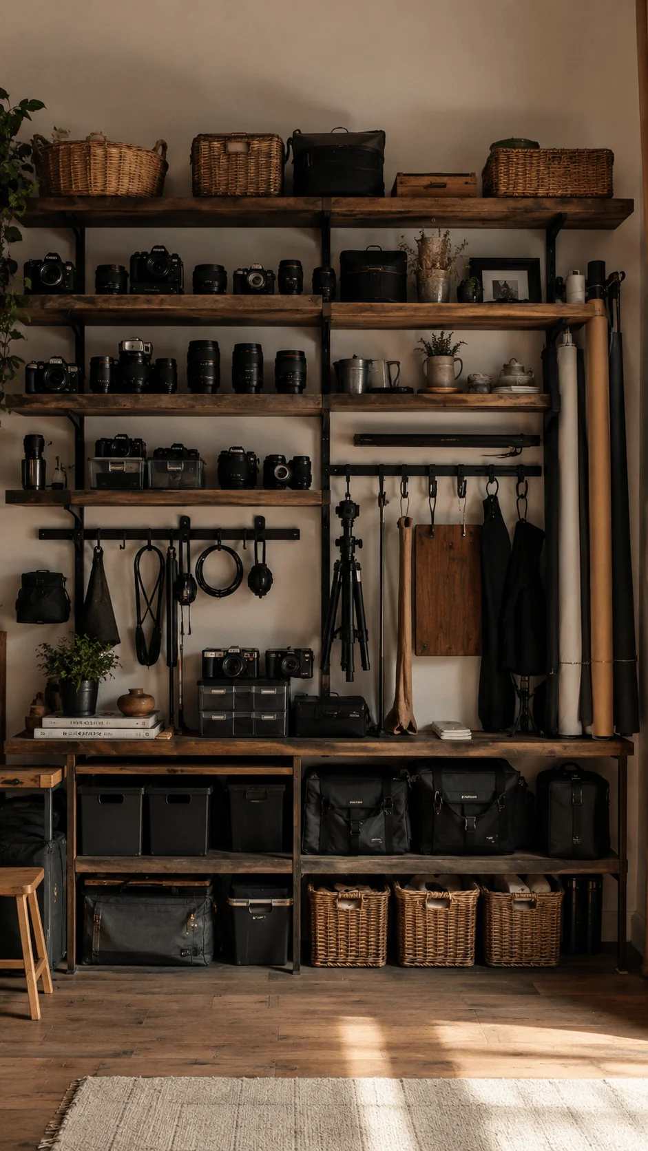 Circular studio storage wall with wooden shelves, camera equipment, woven baskets, storage bins and photography accessories