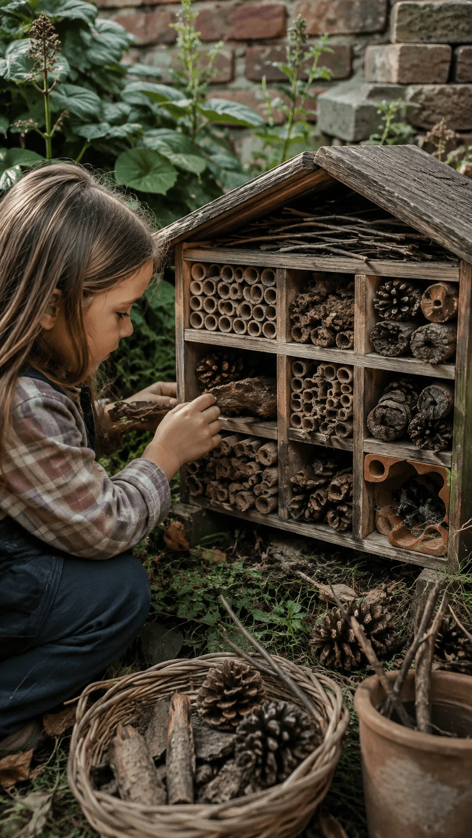 Child building a DIY bug hotel from natural materials such as bamboo tubes, twigs, pine cones and bark in a garden setting