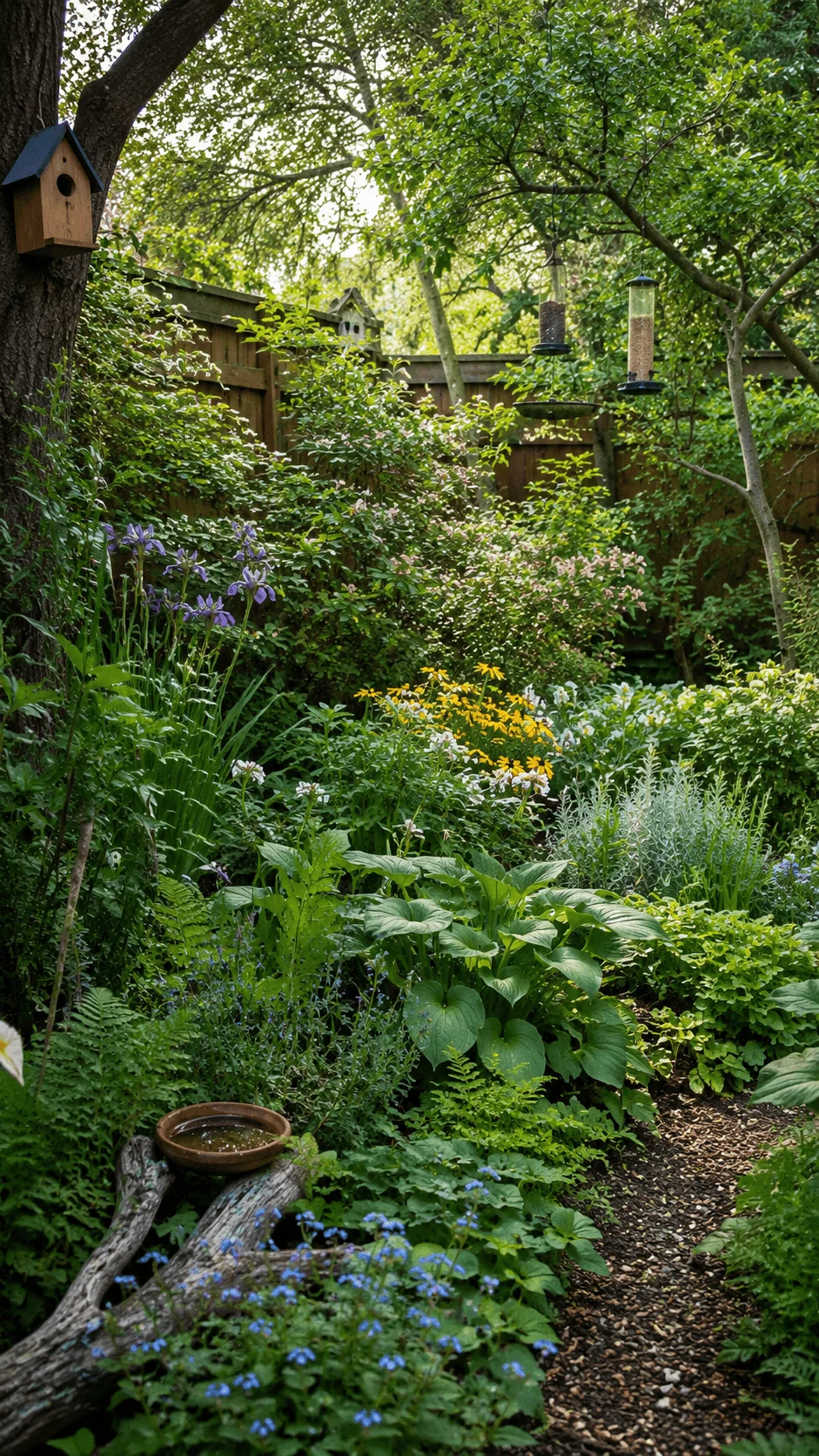 Layered wildlife habitat garden with native flowers, dense shrubs, mature trees, birdhouses, bird feeders, water dish, and natural ground cover