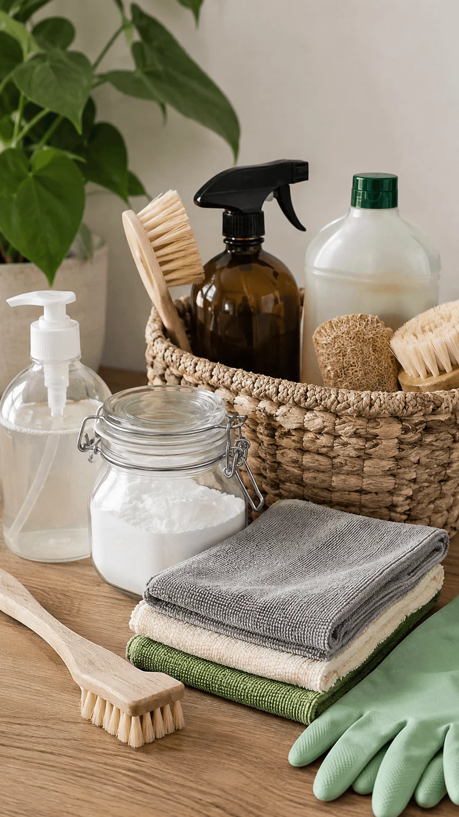 Low waste cleaning supplies with reusable cloths wooden brushes refillable bottles and natural cleaning products