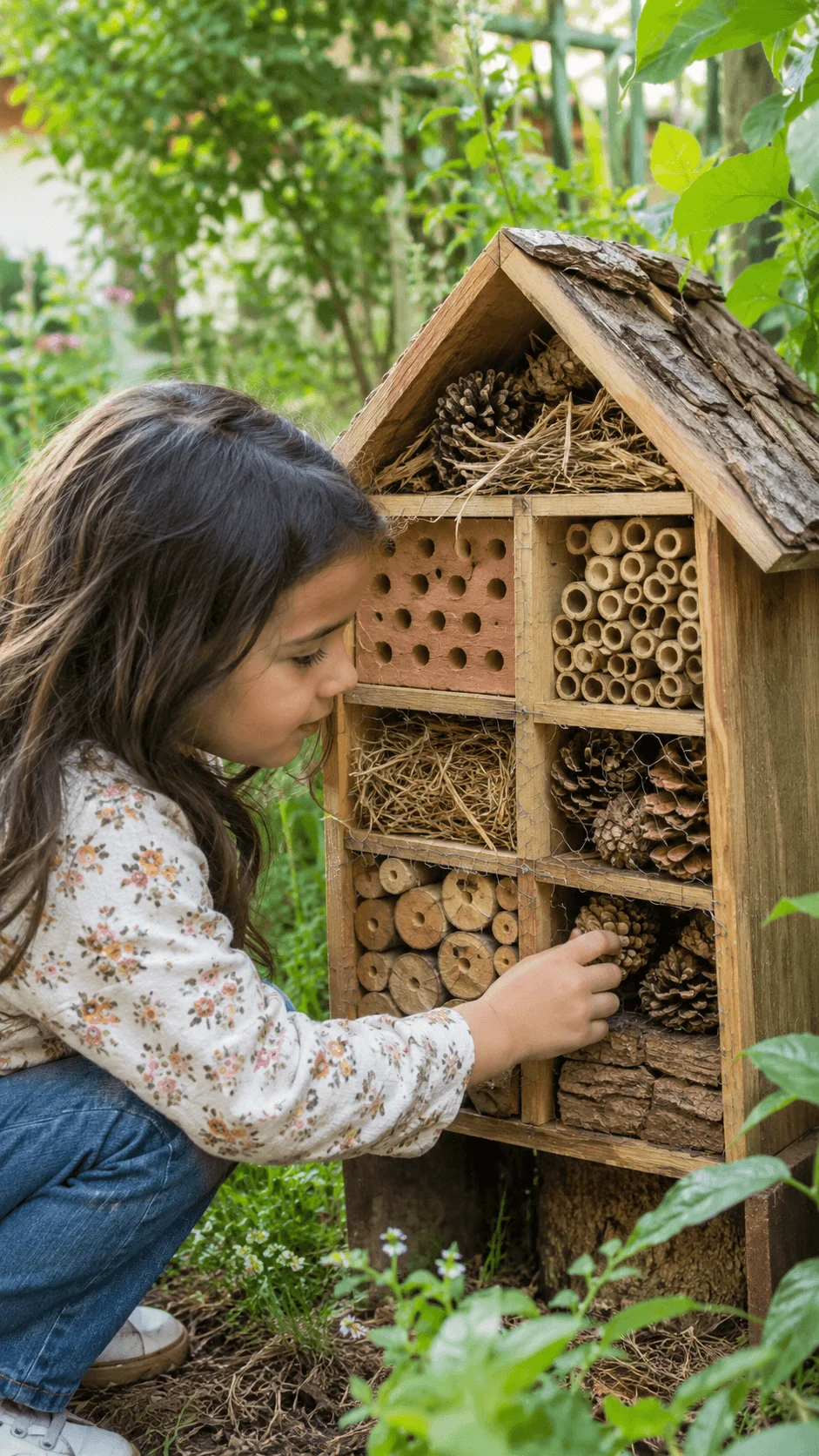 Child building a mini insect hotel using natural materials like pinecones, bamboo tubes, wood and twigs in a garden